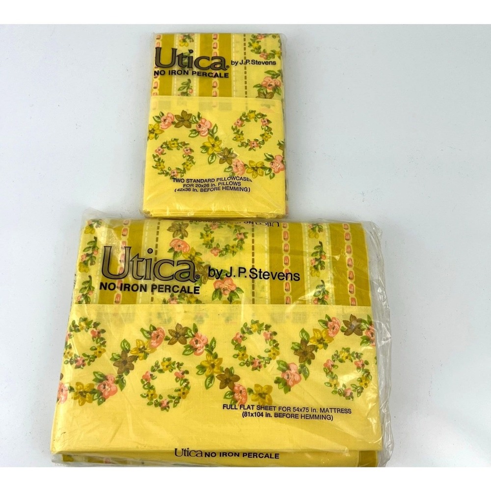 VTG Stevens Utica Full Flat Sheet "Trianon" 1970s Yellow Floral NOS w/Pillowcase